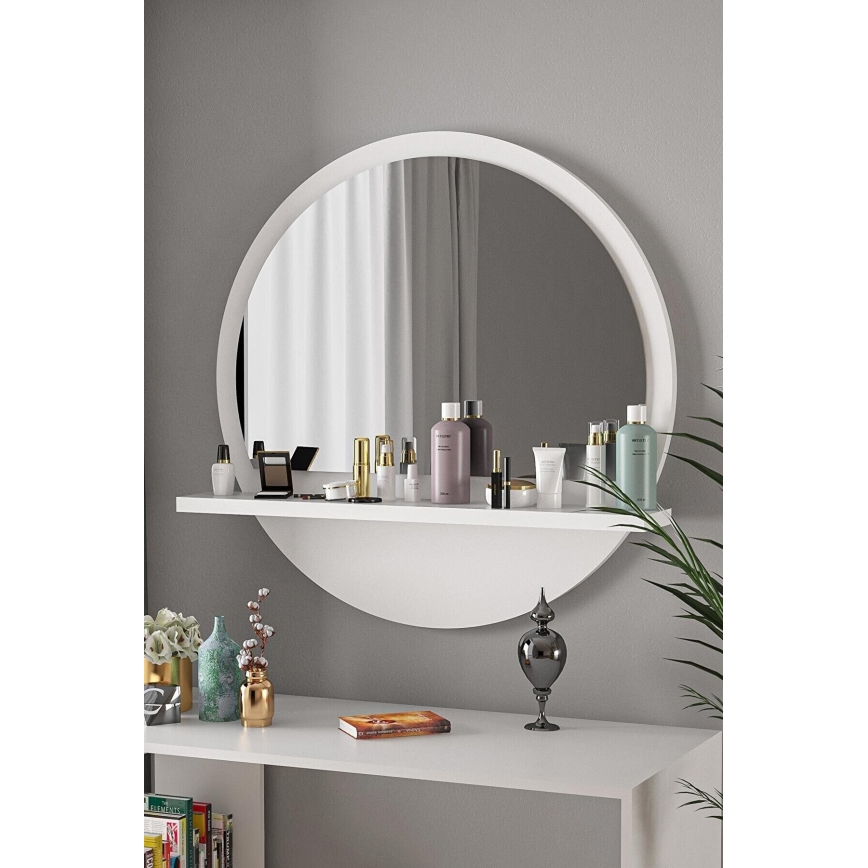 Specchio da parete con mensola diametro 60 cm bianco