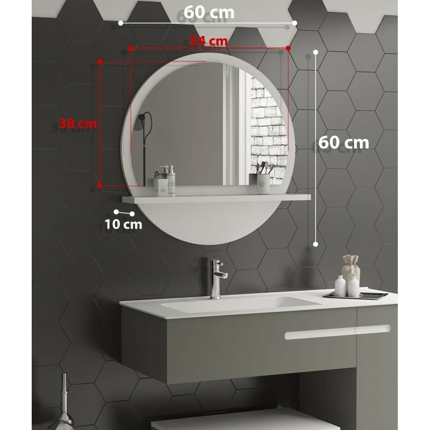 Specchio da parete con mensola diametro 60 cm bianco