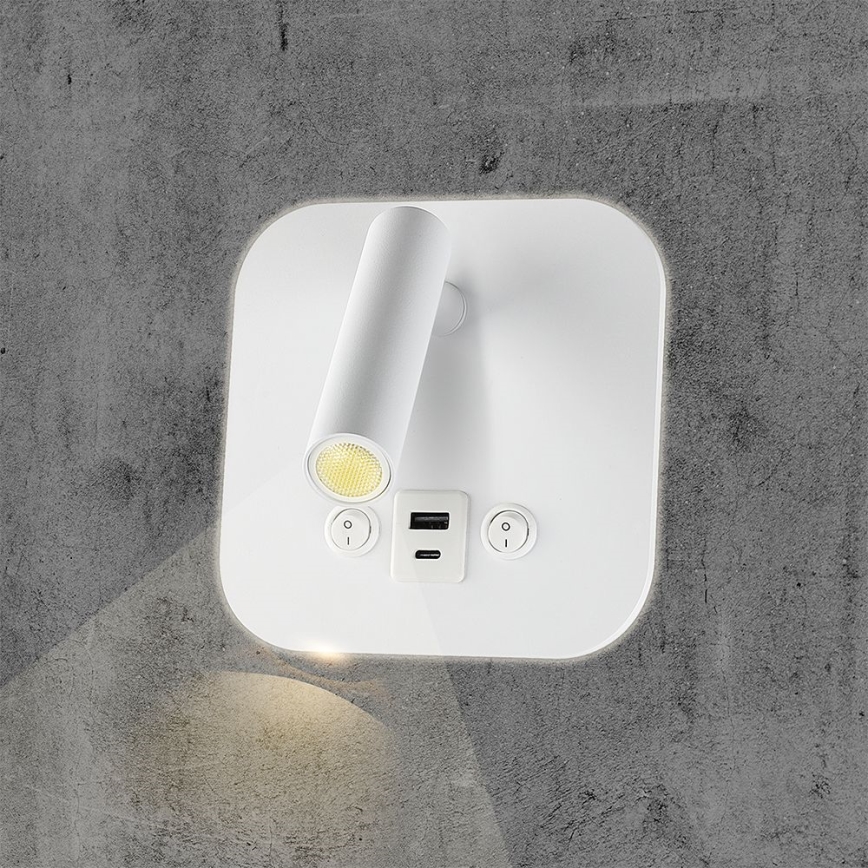 Spot da parete LED con porta USB, 8W, 230V, 3000K, bianco