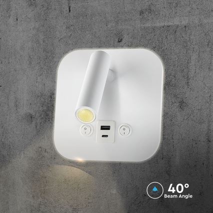 Spot da parete LED con porta USB, 8W, 230V, 3000K, bianco