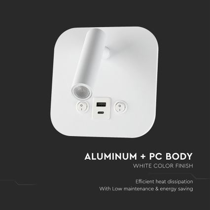 Spot da parete LED con porta USB, 8W, 230V, 3000K, bianco