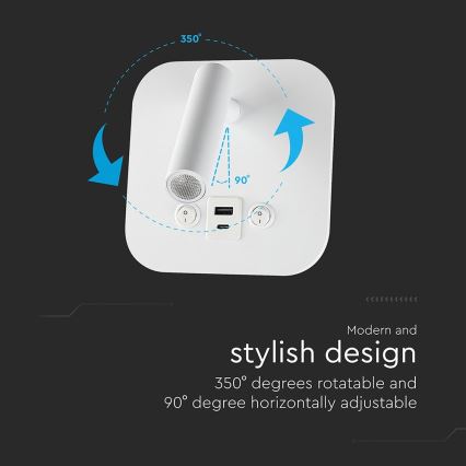 Spot da parete LED con porta USB, 8W, 230V, 3000K, bianco