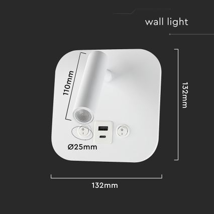Spot da parete LED con porta USB, 8W, 230V, 3000K, bianco