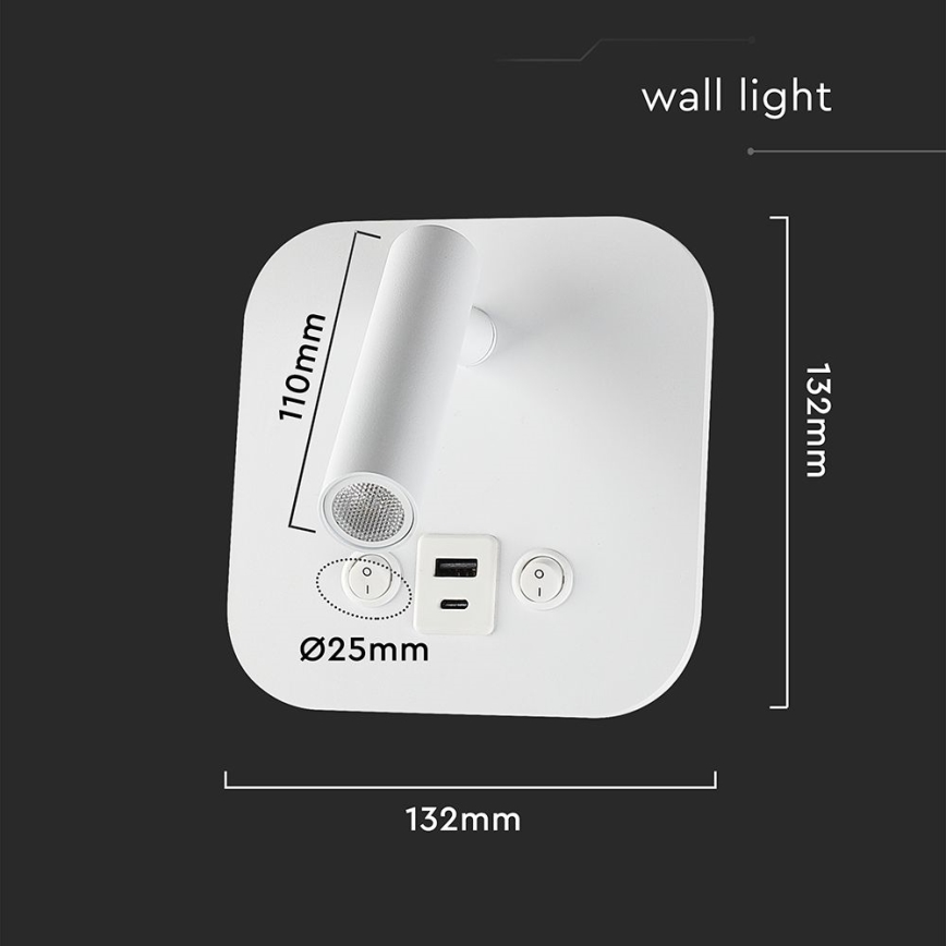 Spot da parete LED con porta USB, 8W, 230V, 3000K, bianco
