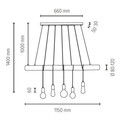 Lampadario a sospensione con filo TRABO 5xE27/60W/230V - certificato FSC