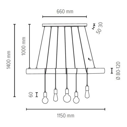 Lampadario a sospensione con filo TRABO 5xE27/60W/230V - certificato FSC