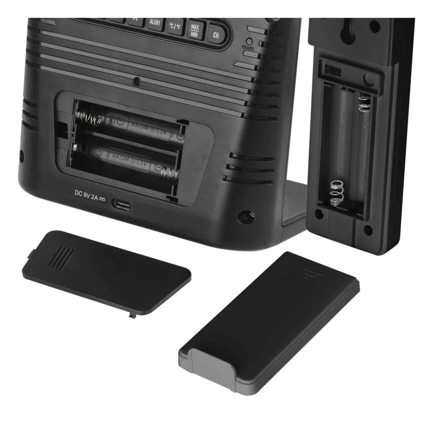 Stazione meteo con ricarica wireless 5V 2xAA + 2xAAA nera