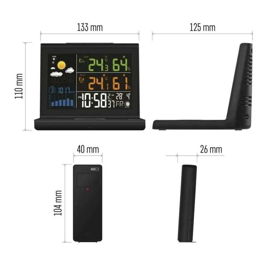 Stazione meteo con ricarica wireless 5V 2xAA + 2xAAA nera