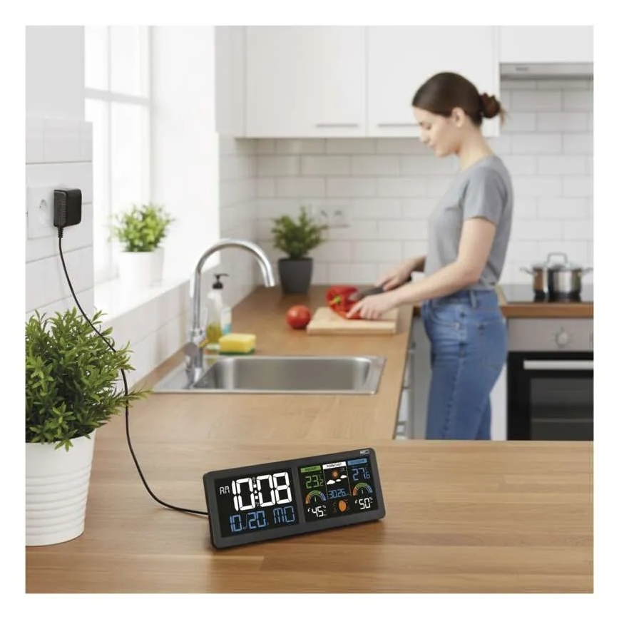 Stazione meteorologica con display LCD a colori e sveglia, alimentazione 5V, 3xAAA + 2xAA, colore nero