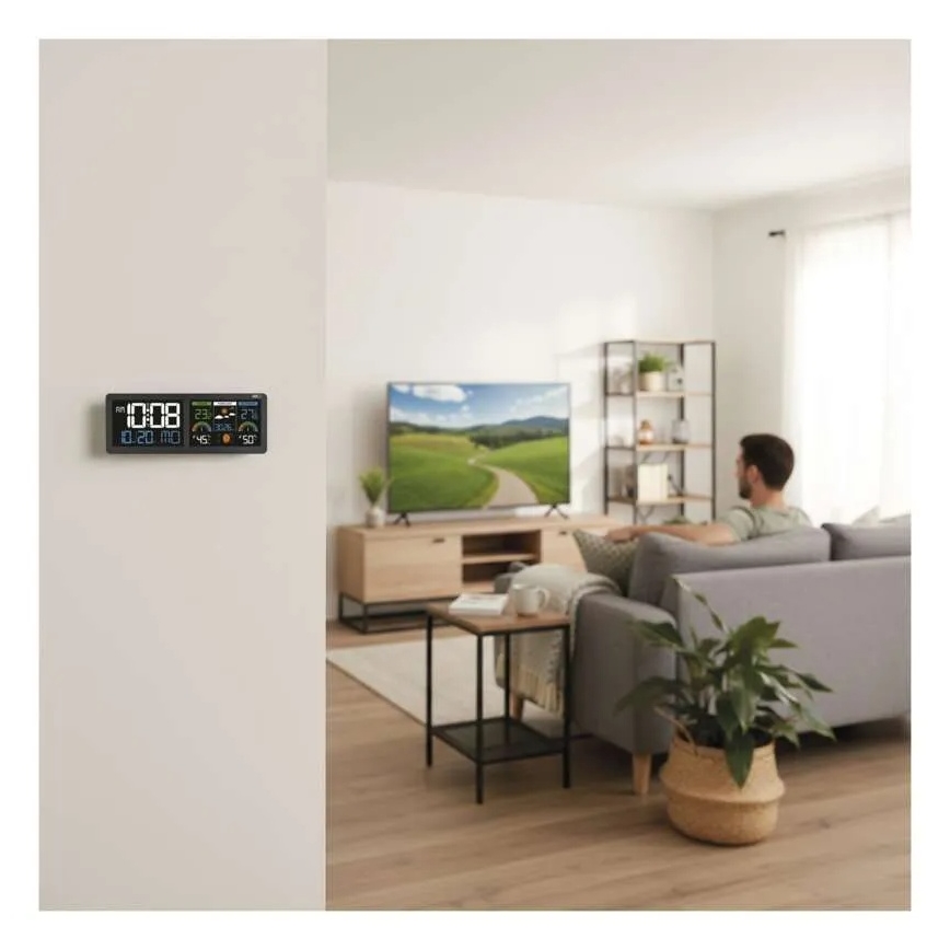 Stazione meteorologica con display LCD a colori e sveglia, alimentazione 5V, 3xAAA + 2xAA, colore nero