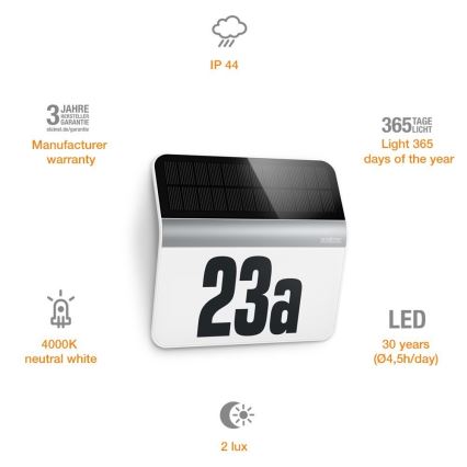 STEINEL 007140 - Numero civico solare LED XSolar LH-N LED/0,03W acciaio inossidabile IP44 2500 mAh