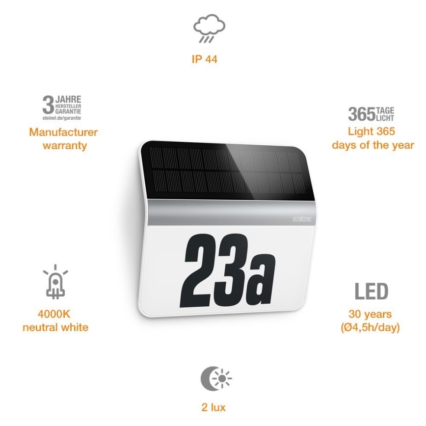 STEINEL 007140 - Numero civico solare LED XSolar LH-N LED/0,03W acciaio inossidabile IP44 2500 mAh