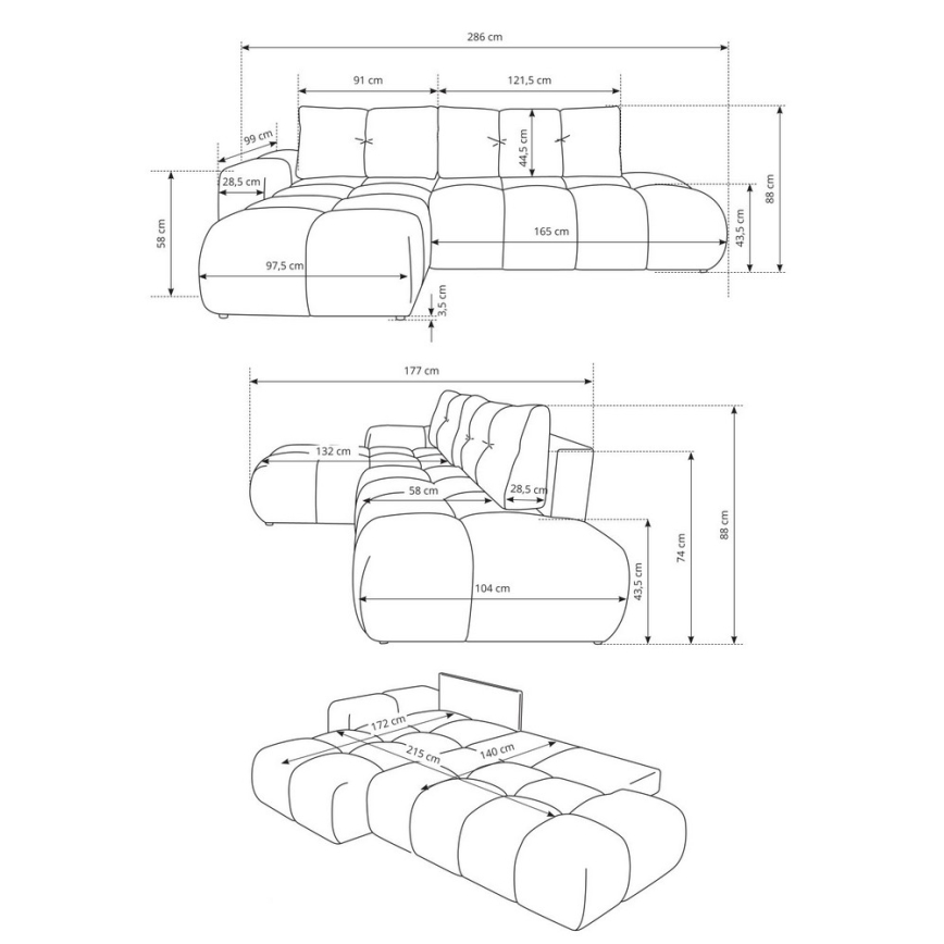 Suite lounge angolare imbottita e pieghevole a forma di L con contenitore ALMADA destra beige