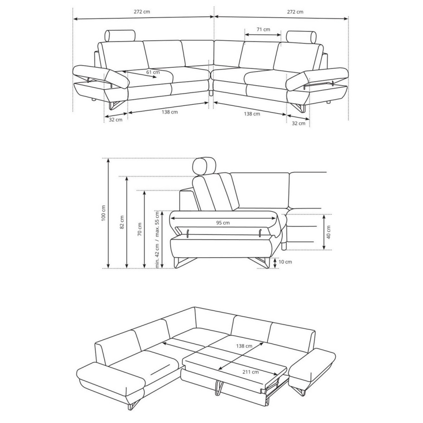 Suite lounge angolare imbottita e pieghevole a forma di L con contenitore AVESTA destra blu