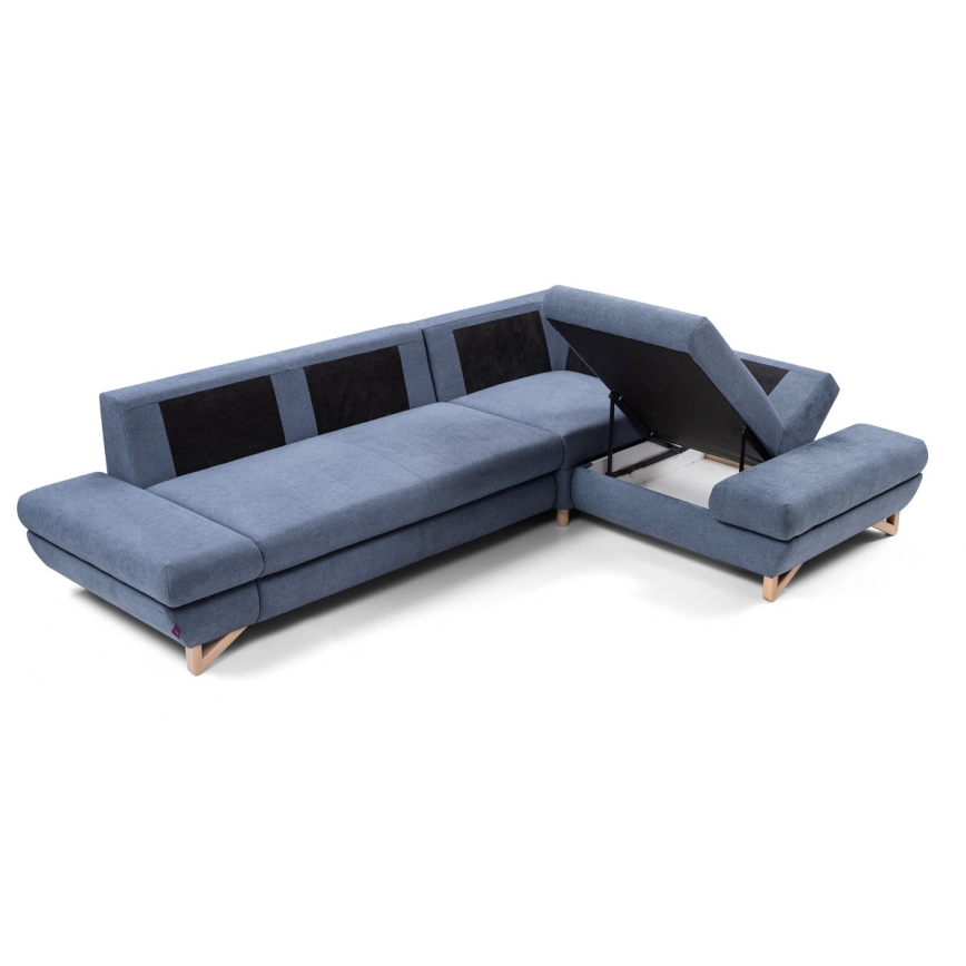 Suite lounge angolare imbottita e pieghevole a forma di L con contenitore AVESTA destra blu