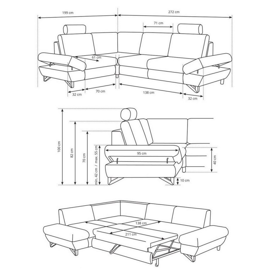 Suite lounge angolare imbottita e pieghevole a forma di L con contenitore AVESTA destra blu