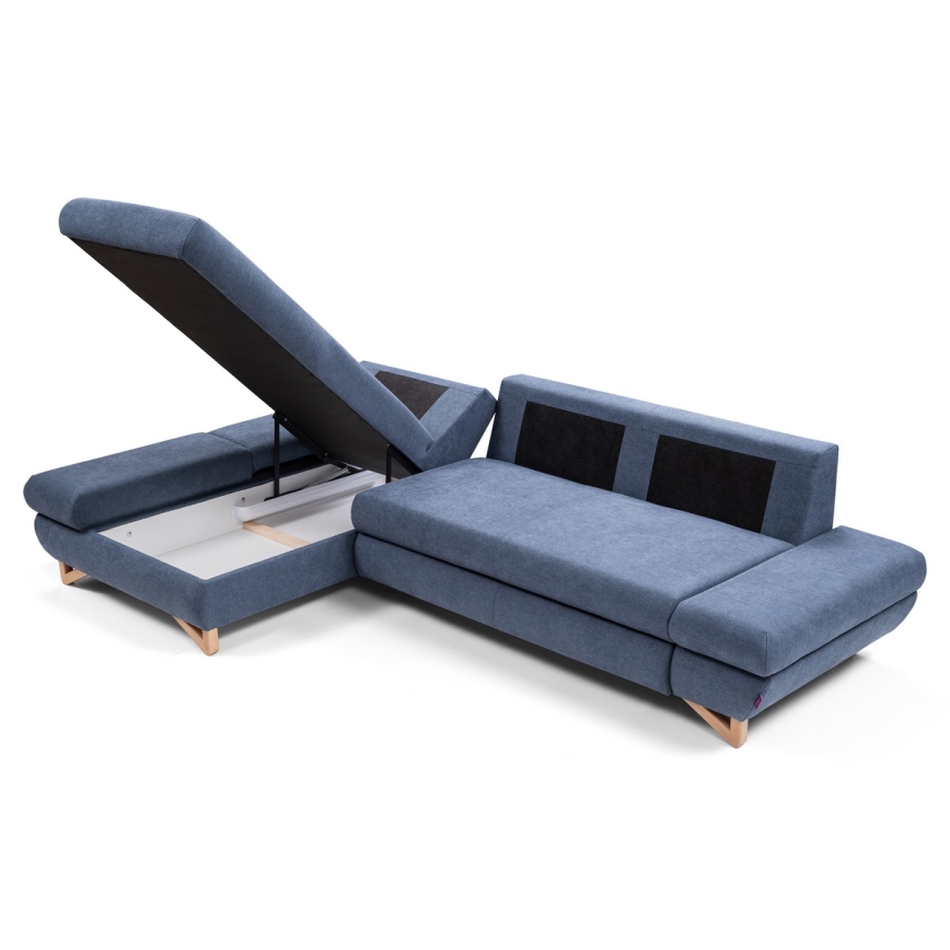Suite lounge angolare imbottita e pieghevole a forma di L con contenitore AVESTA sinistra blu