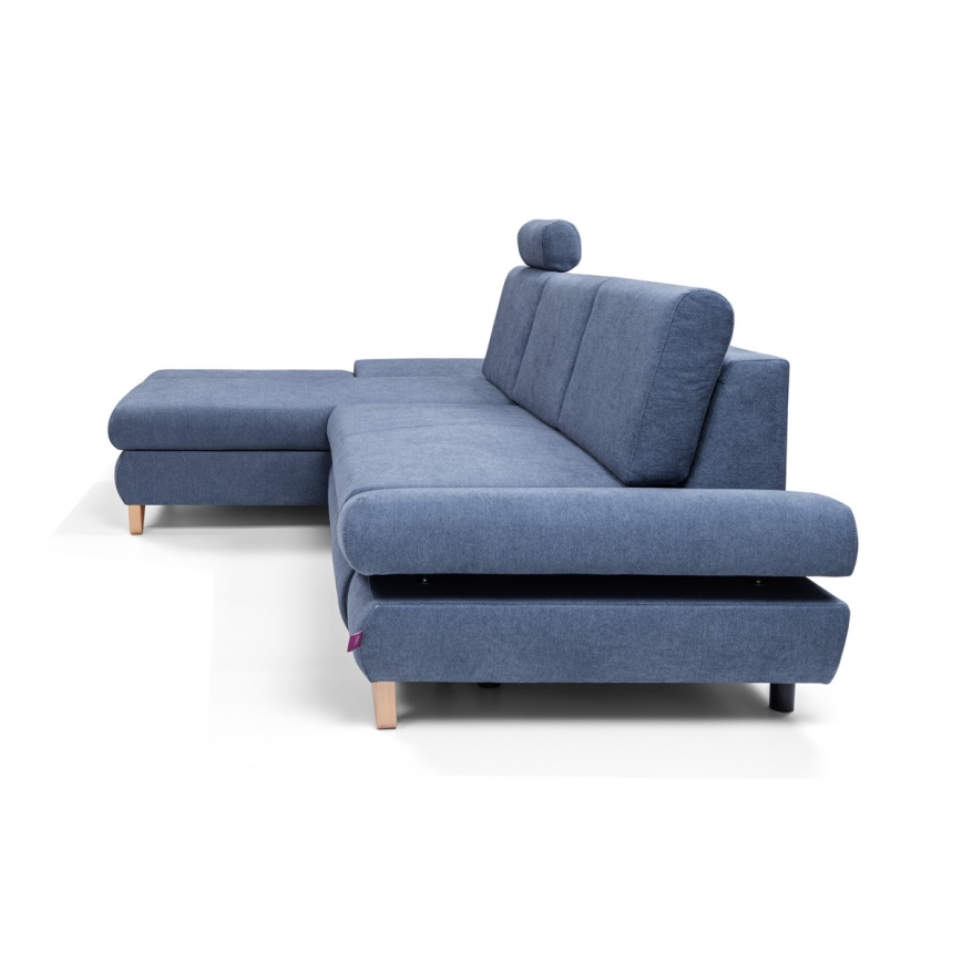 Suite lounge angolare imbottita e pieghevole a forma di L con contenitore AVESTA sinistra blu