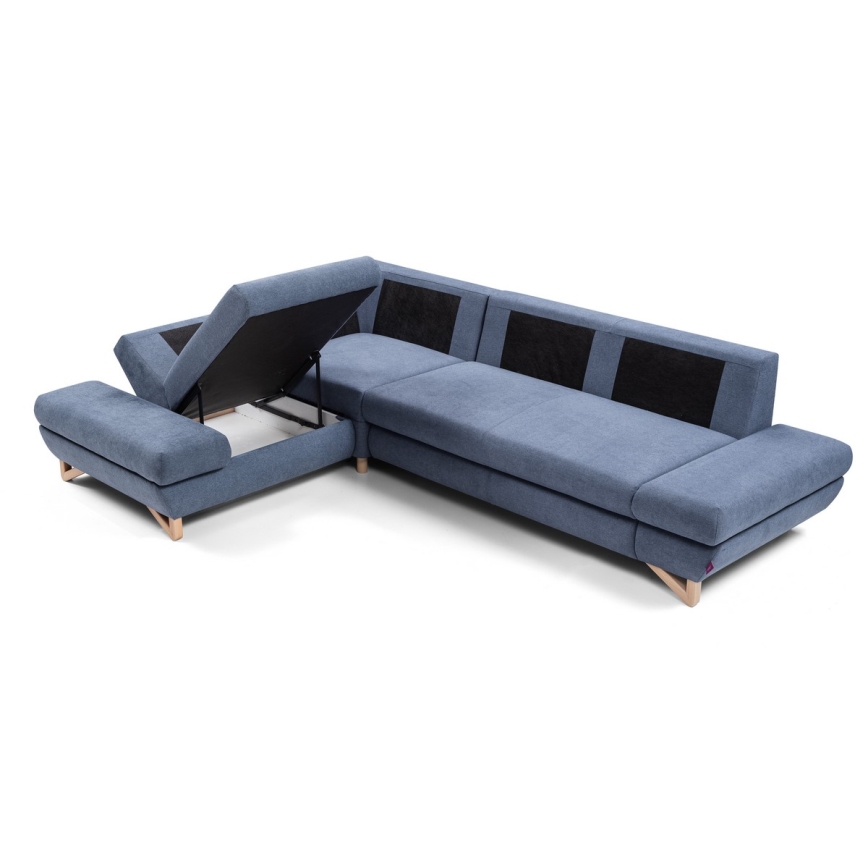 Suite lounge angolare imbottita e pieghevole a forma di L con contenitore AVESTA sinistra blu
