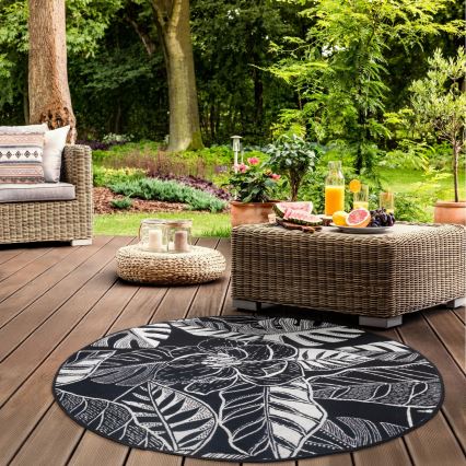Tappeto da esterno JUNGLE 135 cm nero/bianco con motivo a foglie