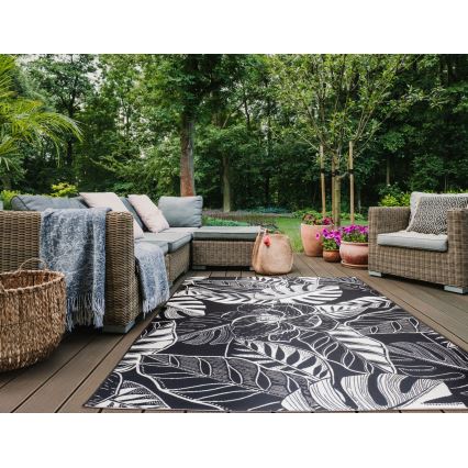 Tappeto da esterno JUNGLE 160x220 cm nero/bianco, motivo a foglie