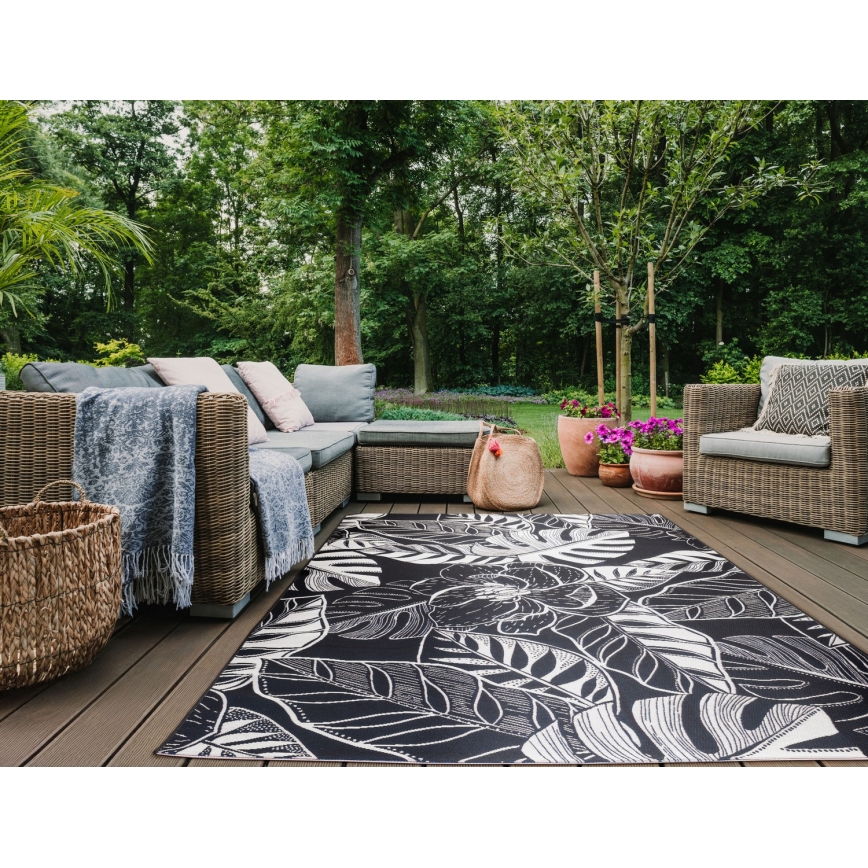 Tappeto da esterno JUNGLE 160x220 cm nero/bianco, motivo a foglie
