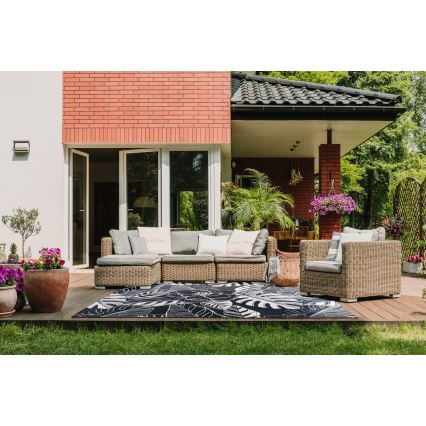 Tappeto da esterno JUNGLE 160x220 cm nero/bianco, motivo a foglie