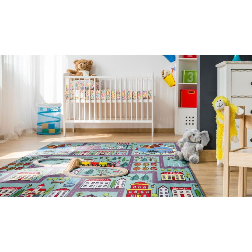 Tappeto per bambini STELLA STREETS 80x100 cm turchese/città