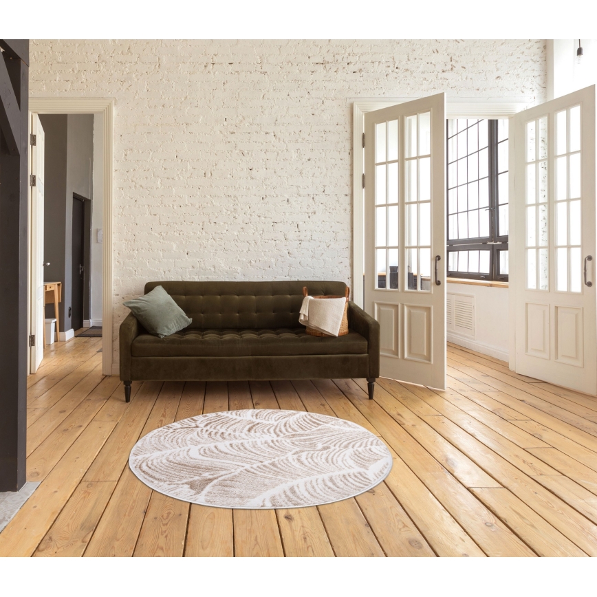 Tappeto rotondo SALAMANCA 100 cm beige/bianco/motivo a foglie