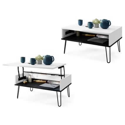 Tavolino con piano sollevabile e ripiano HALIJA bianco/nero