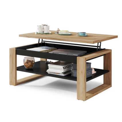 Tavolino con piano sollevabile e ripiano NEA quercia/nero