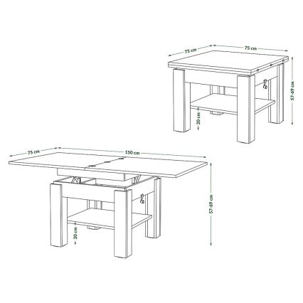 Tavolino da salotto allungabile con piano elevabile CALEB 75/150x75 cm bianco