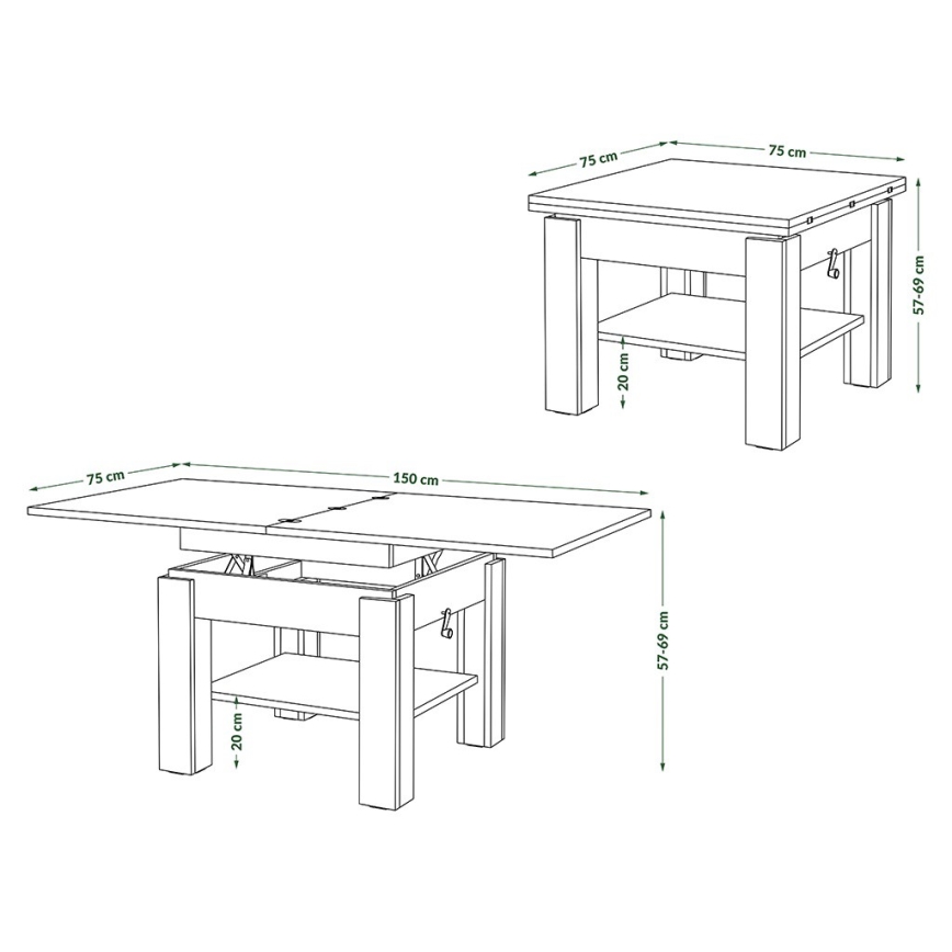 Tavolino da salotto allungabile con piano elevabile CALEB 75/150x75 cm bianco