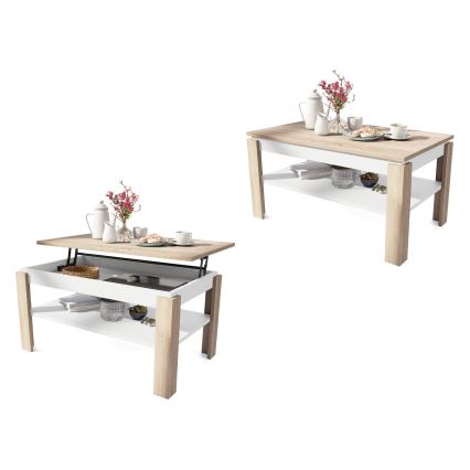 Tavolino da salotto allungabile con piano sollevabile e ripiano ADEN rovere Sonoma/bianco