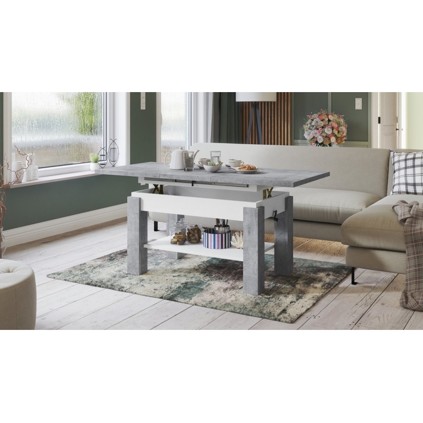 Tavolino da salotto allungabile con ripiano ADONIS 110/150 x 68 cm, grigio cemento/bianco
