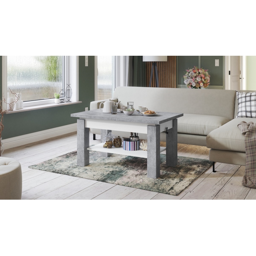 Tavolino da salotto allungabile con ripiano ADONIS 110/150 x 68 cm, grigio cemento/bianco