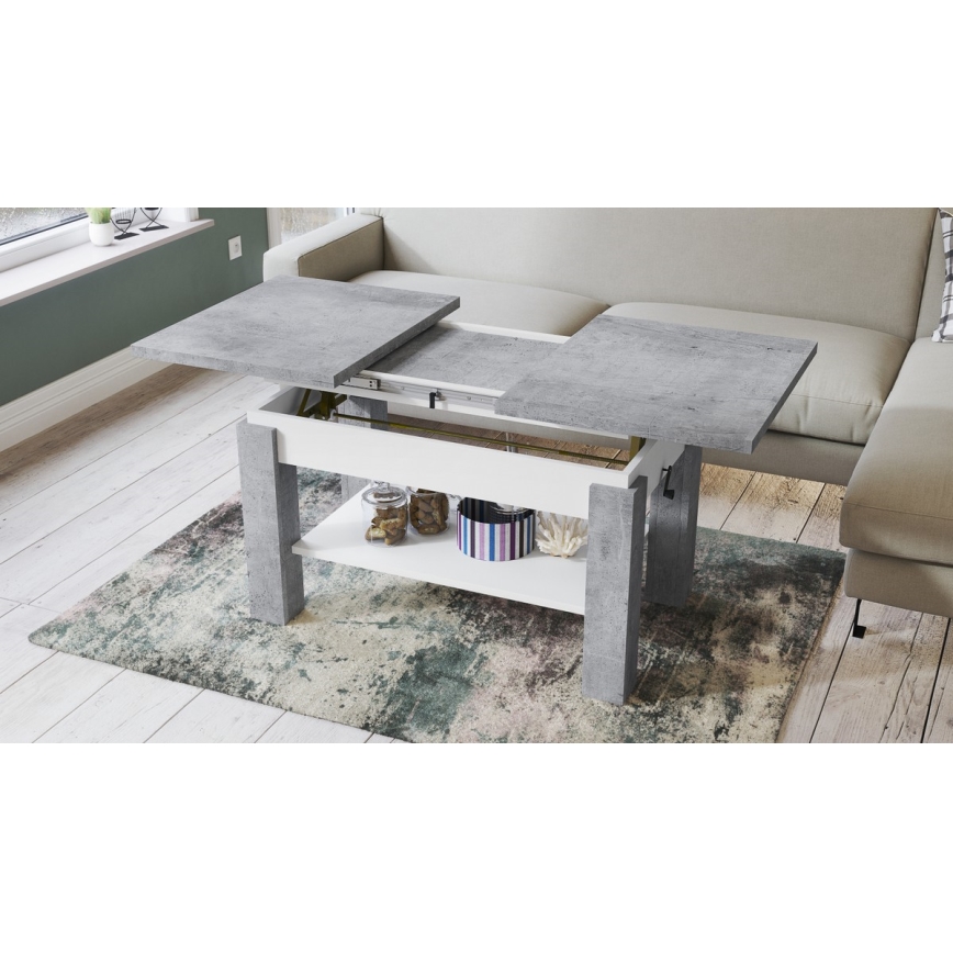 Tavolino da salotto allungabile con ripiano ADONIS 110/150 x 68 cm, grigio cemento/bianco