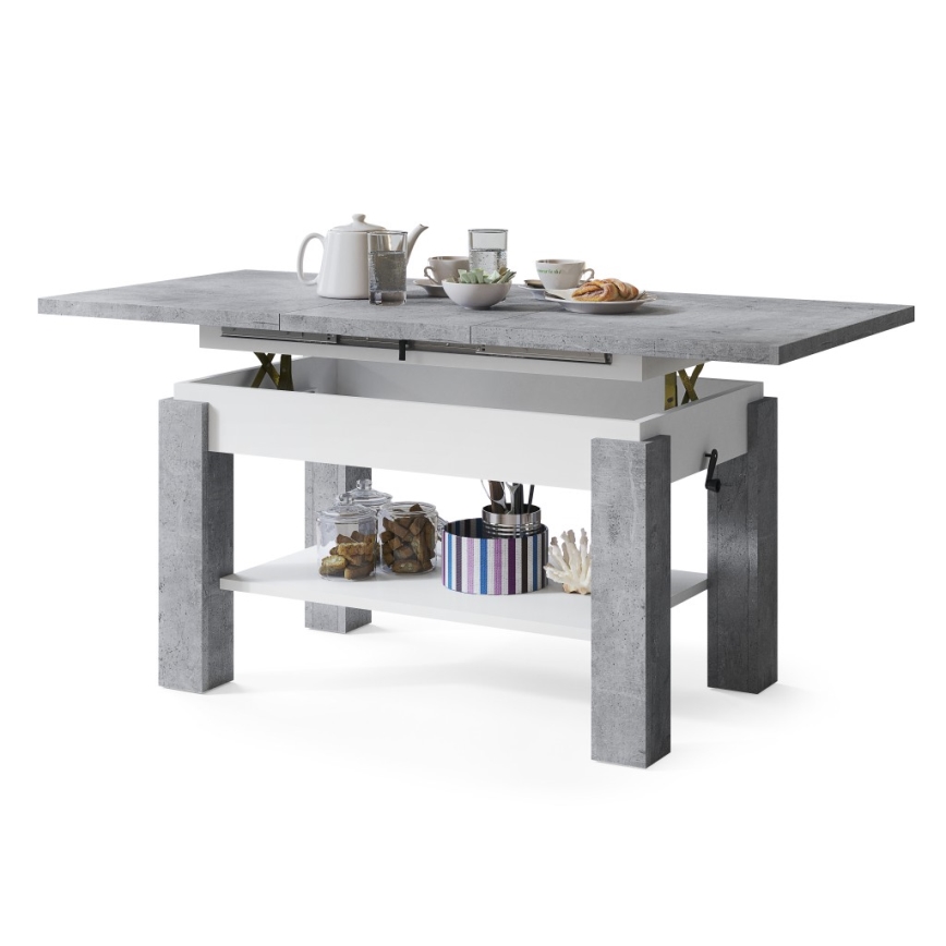 Tavolino da salotto allungabile con ripiano ADONIS 110/150 x 68 cm, grigio cemento/bianco