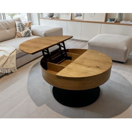 Tavolino da salotto allungabile PURE con piano sollevabile, Ø 80 cm, rovere/nero