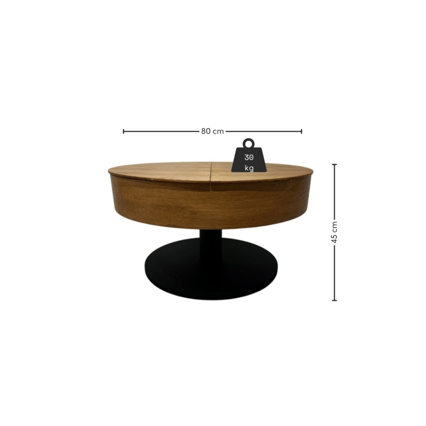 Tavolino da salotto allungabile PURE con piano sollevabile, Ø 80 cm, rovere/nero