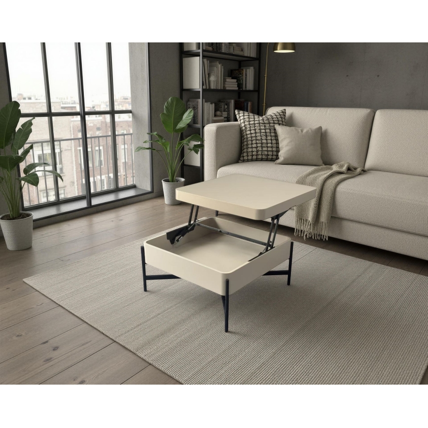 Tavolino da salotto con piano elevabile e ripiano OASIS 75x75 cm crema/nero
