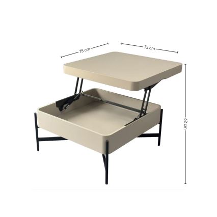 Tavolino da salotto con piano elevabile e ripiano OASIS 75x75 cm crema/nero