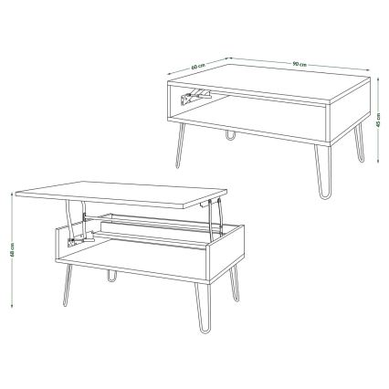 Tavolino da salotto con piano sollevabile e ripiano HALIJA grigio cemento/nero