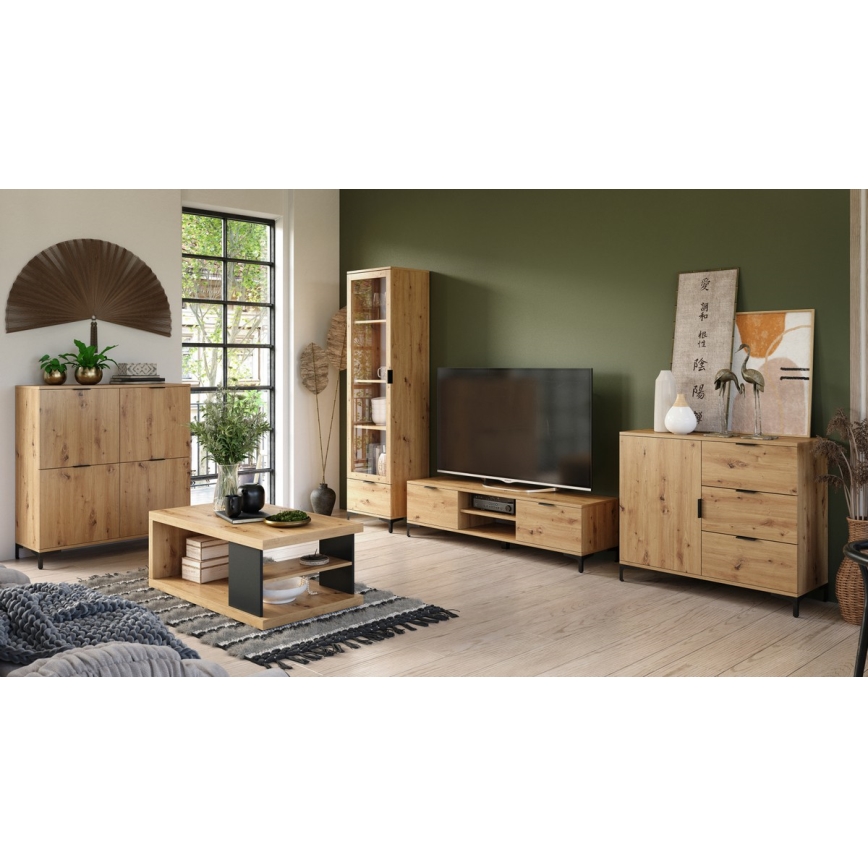 Tavolino da salotto con ripiano e vano portaoggetti LORA rovere artisan/nero