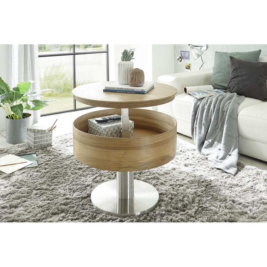 Tavolino da salotto ELEMENT con piano sollevabile Ø 60 cm, rovere/argento