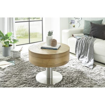 Tavolino da salotto ELEMENT con piano sollevabile Ø 60 cm, rovere/argento