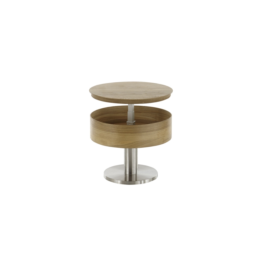 Tavolino da salotto ELEMENT con piano sollevabile Ø 60 cm, rovere/argento