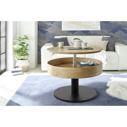 Tavolino da salotto ELEMENT con piano sollevabile, Ø 75 cm, rovere/nero