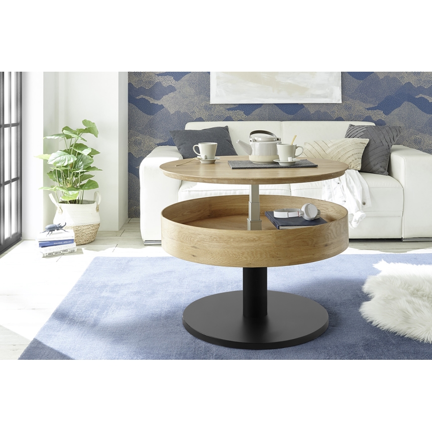 Tavolino da salotto ELEMENT con piano sollevabile, Ø 75 cm, rovere/nero