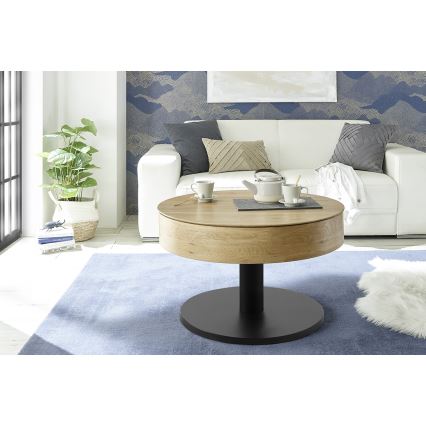 Tavolino da salotto ELEMENT con piano sollevabile, Ø 75 cm, rovere/nero